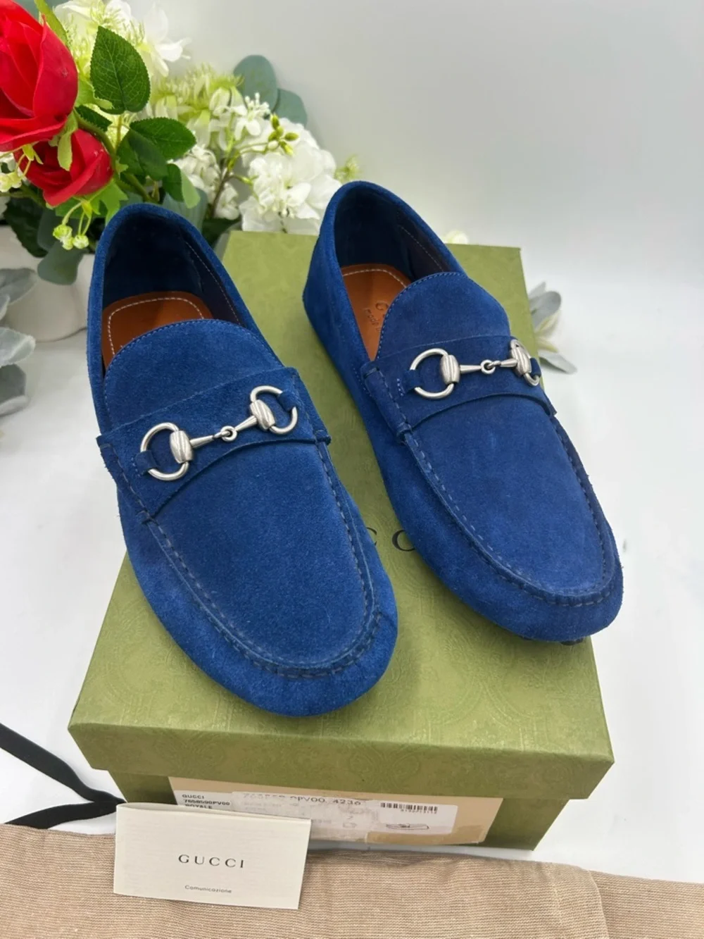 Men's Gucci horse bit blue suede loafers size 7 fits 8 US made in Italy